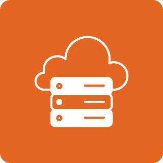 Cloud and server icon on orange background.