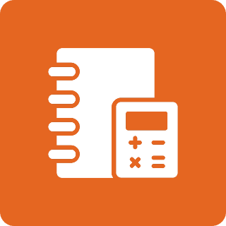 Notebook and calculator icon on orange background.