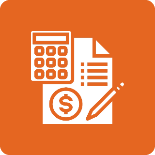 Calculator, document, and pen on orange background.