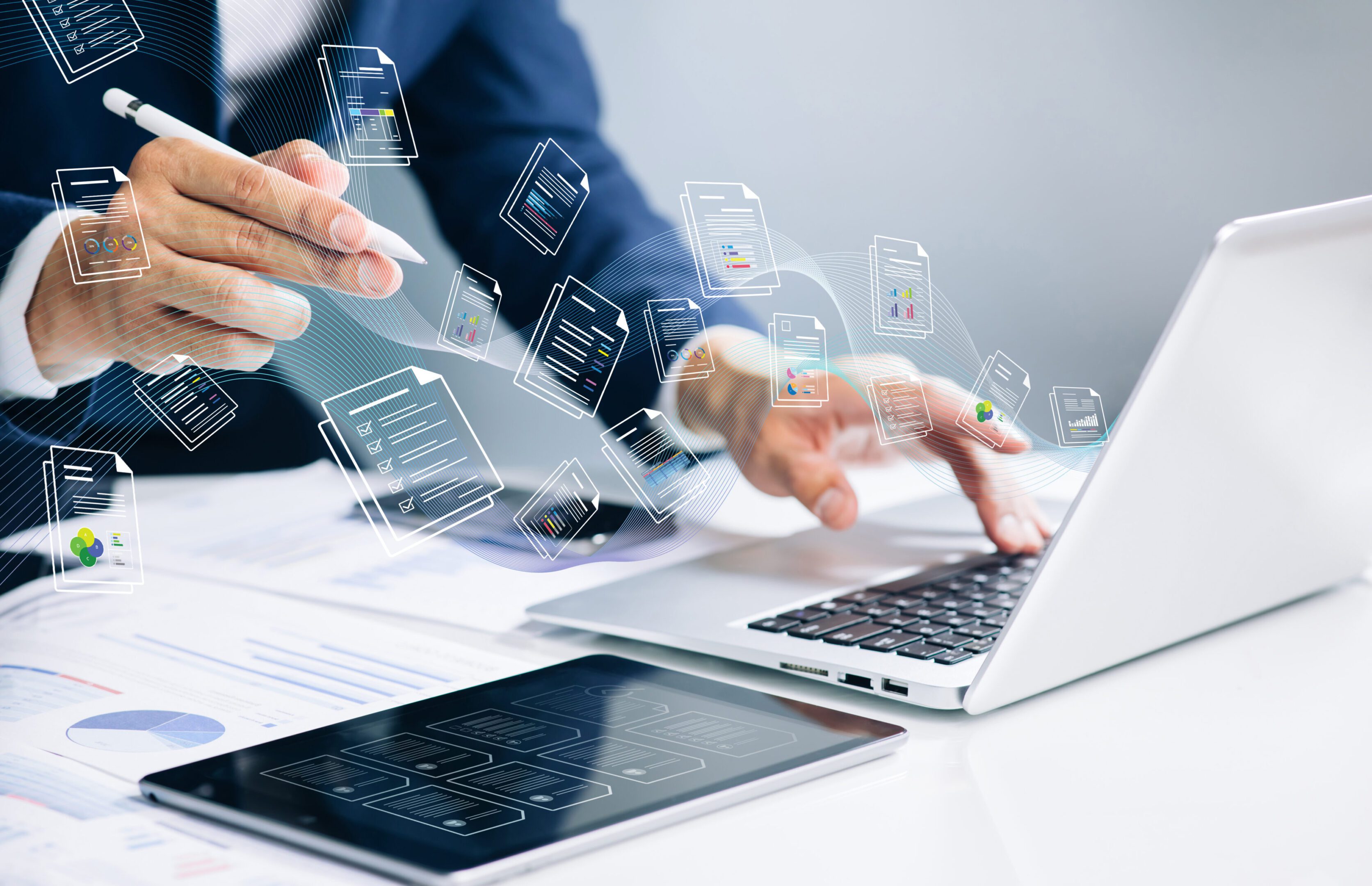 Electronic digital documents with businessman management control.Data information analysis.