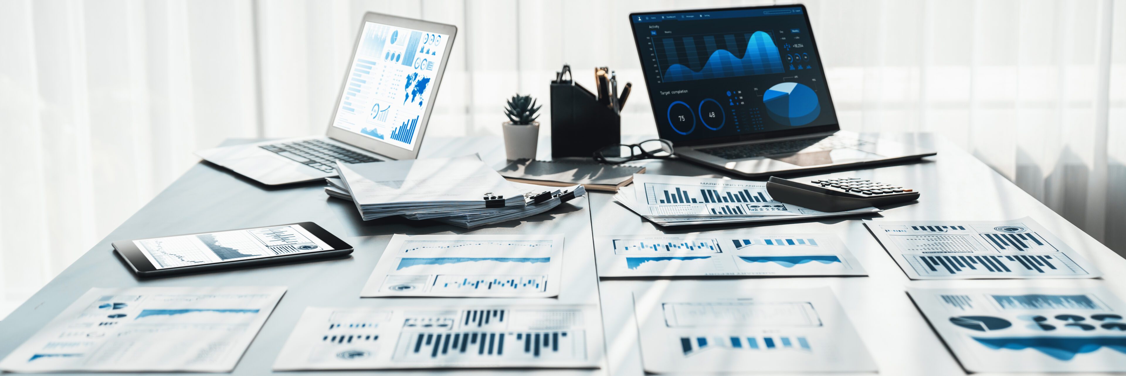 BI data dashboard from Fintech on laptop screen displays comprehensive business analysis in empty office. Technology empowering business financial data visualization and growth strategy. Prodigy